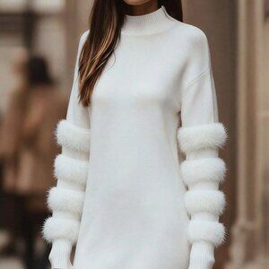 White Casual Women's Fluffy Knit Sweater Dress